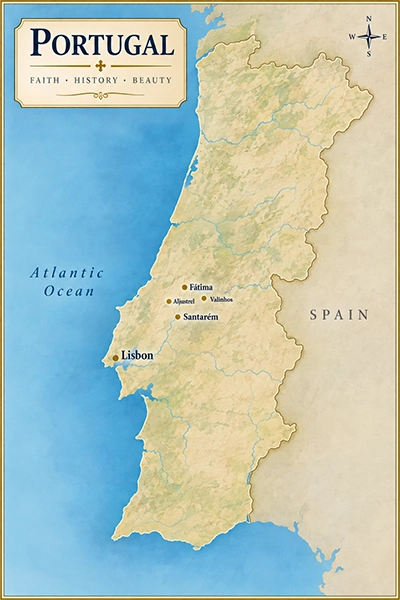 Map of Portugal for Fatima pilgrims showing Lisbon, Santar&eacute;m, F&aacute;tima, and the nearby apparition sites of Aljustrel and Valinhos, with the border with Spain