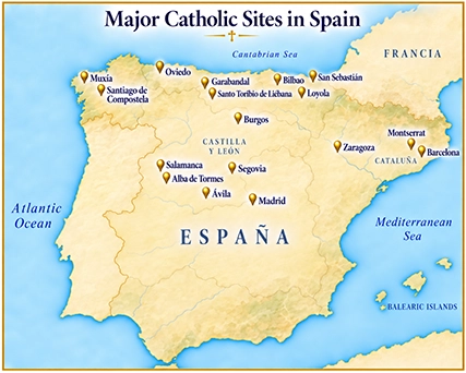 Map of major Catholic pilgrimage sites in Spain, including Santiago de Compostela, Ávila, Zaragoza, Montserrat, Loyola, and Garabandal