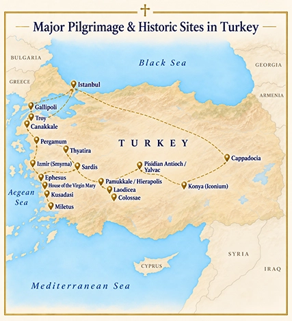 Map of major Catholic pilgrimage and historic sites in Turkey, including Istanbul, Gallipoli, Troy, Çanakkale, Pergamum, Thyatira, İzmir (Smyrna), Sardis, Ephesus and the House of the Virgin Mary, Kuşadası, Miletus, Laodicea, Colossae, Pamukkale and Hierapolis, Pisidian Antioch, Konya (Iconium), and Cappadocia